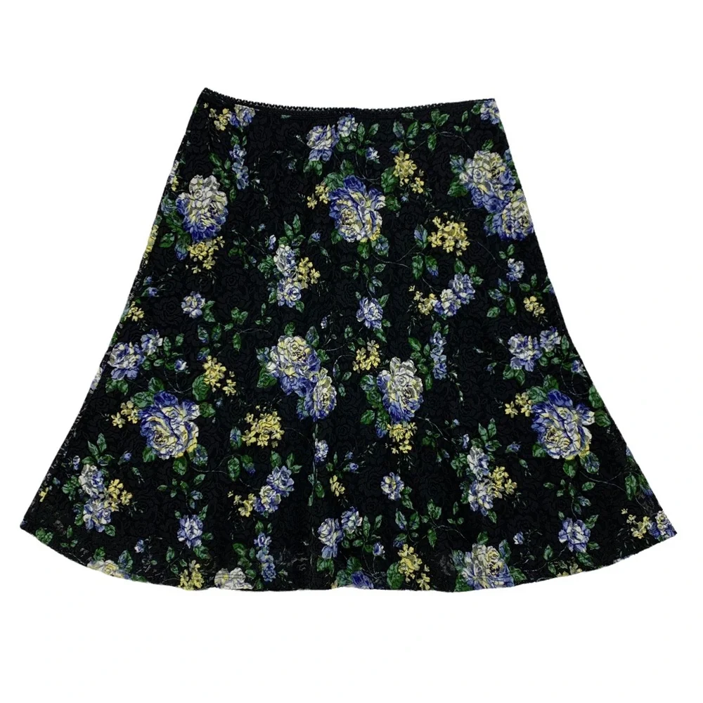 Vintage Black Floral Stretch Lace Midi Length Skirt by Tailor B.Moss USA